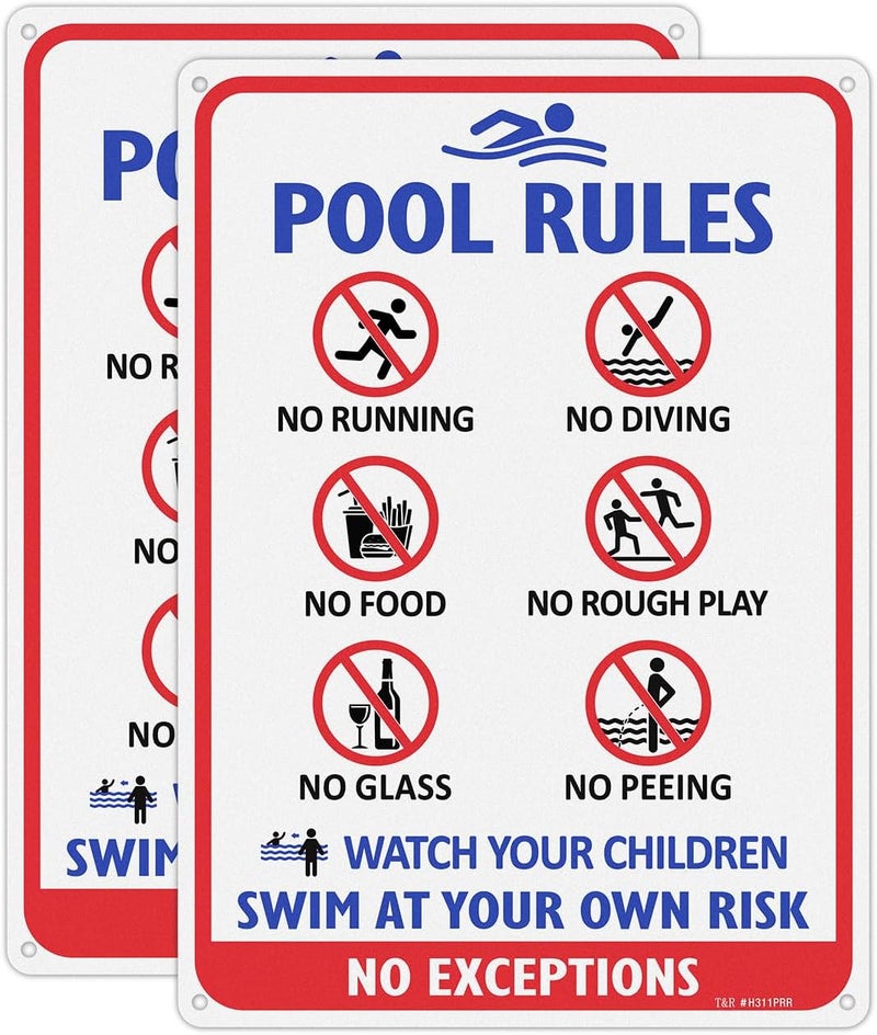 TR Pool Rules Sign with Symbols, No Diving, No Glass, No Food, No Peeing, Swim at Your Own Risk Sign - 2 Pack - 14"x10" .040 Rust Free Heavy Aluminum, Reflective, Waterproof and Fade Resistant, 4 pre-drilled holes, Easy to Mount - Image 1
